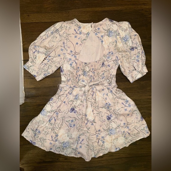 Express Floral Linen-Blend Puff Shoulder Tie Waist Romper MEDIUM Pockets - Picture 2 of 5